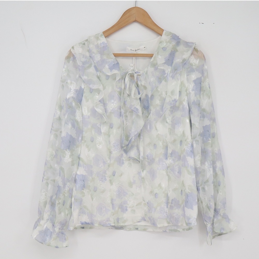 Baimafashion Blouse Womens L Floral Ruffle Tie Neck Blue Purple Sheer NEW